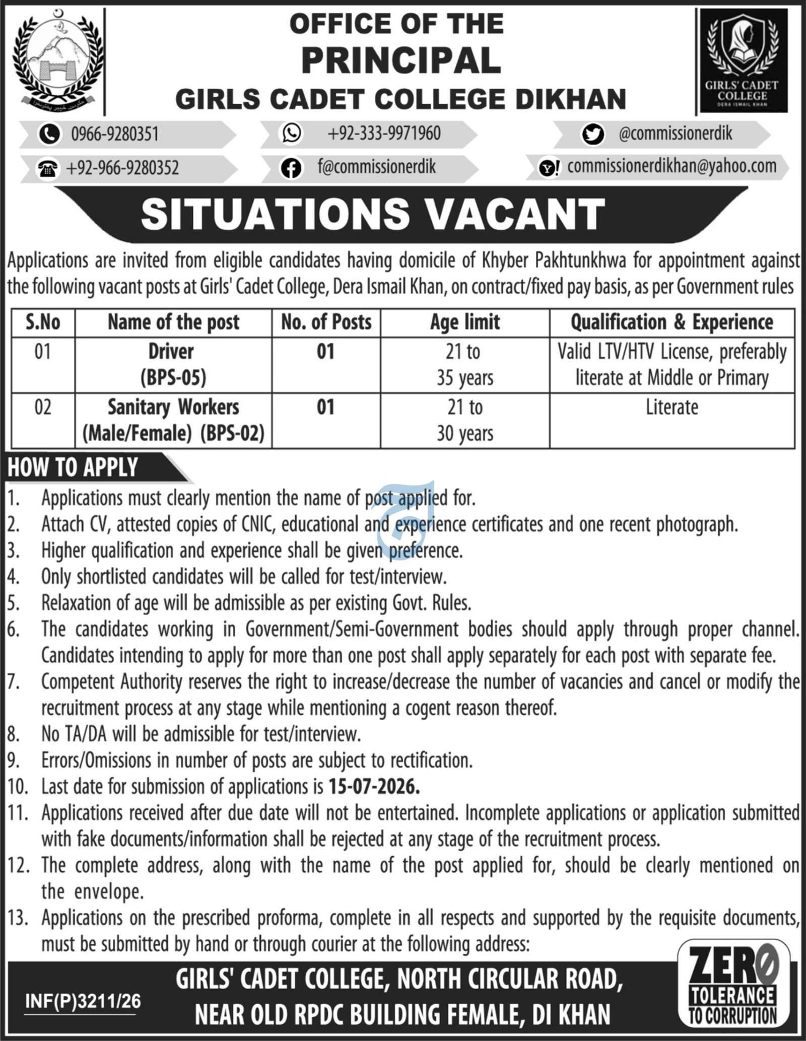 Girls Cadet College Dera Ismail Khan Jobs 2026 For Drivers — original advertisement