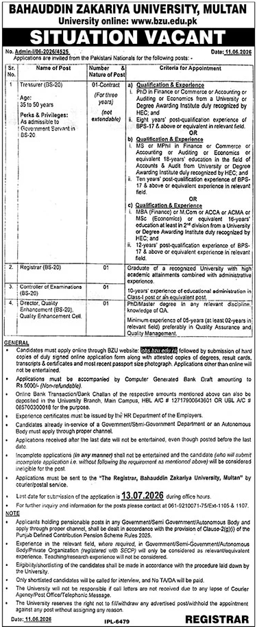 Bahauddin Zakariya University BZU Multan Jobs For Treasurer — original advertisement