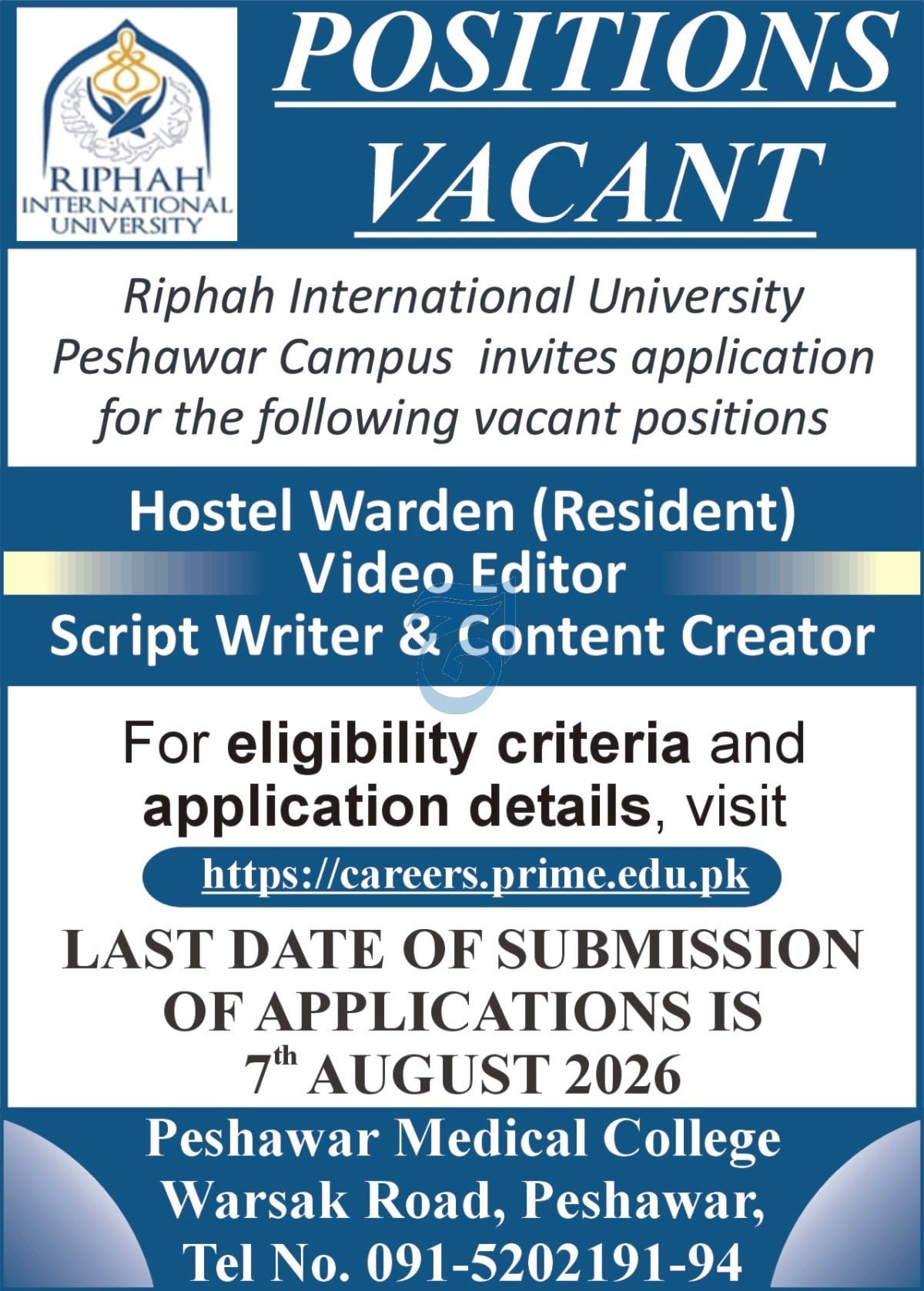 Riphah International University Peshawar Jobs 2026 — original advertisement