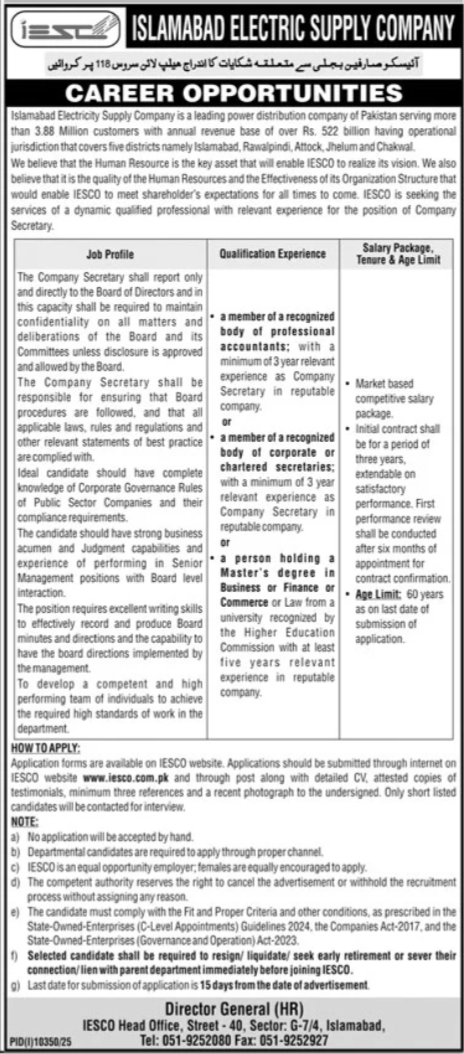 Islamabad Electric Supply Company IESCO Job 2026 — original advertisement
