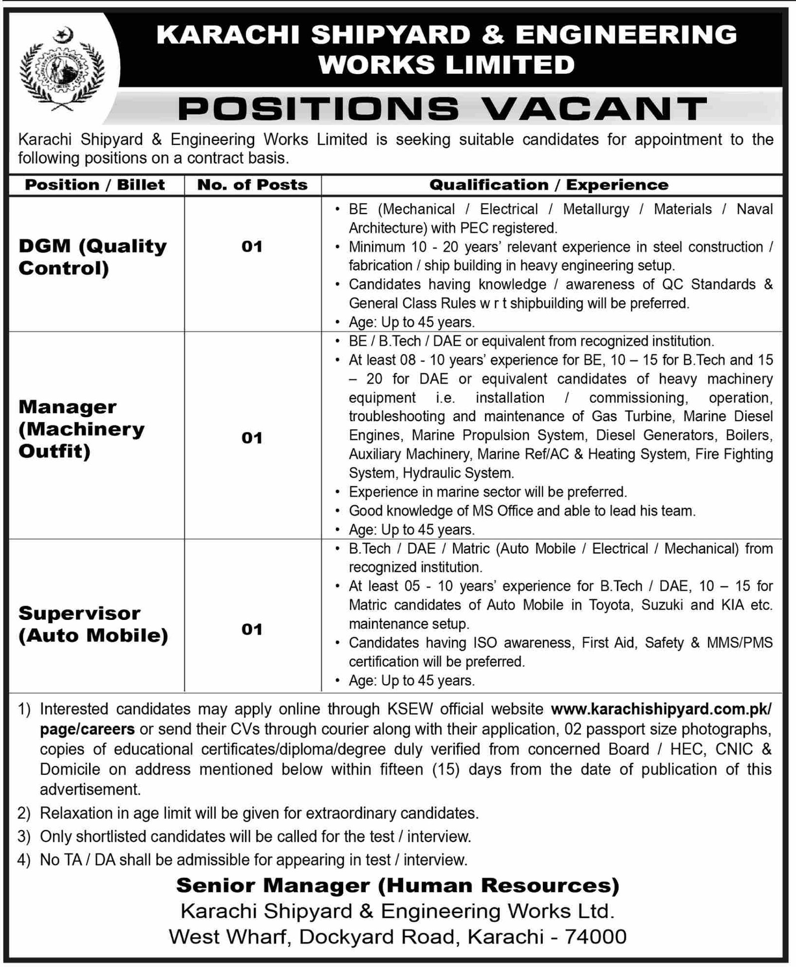Karachi Shipyard And Engineering Works Limited Jobs 2026 — original advertisement