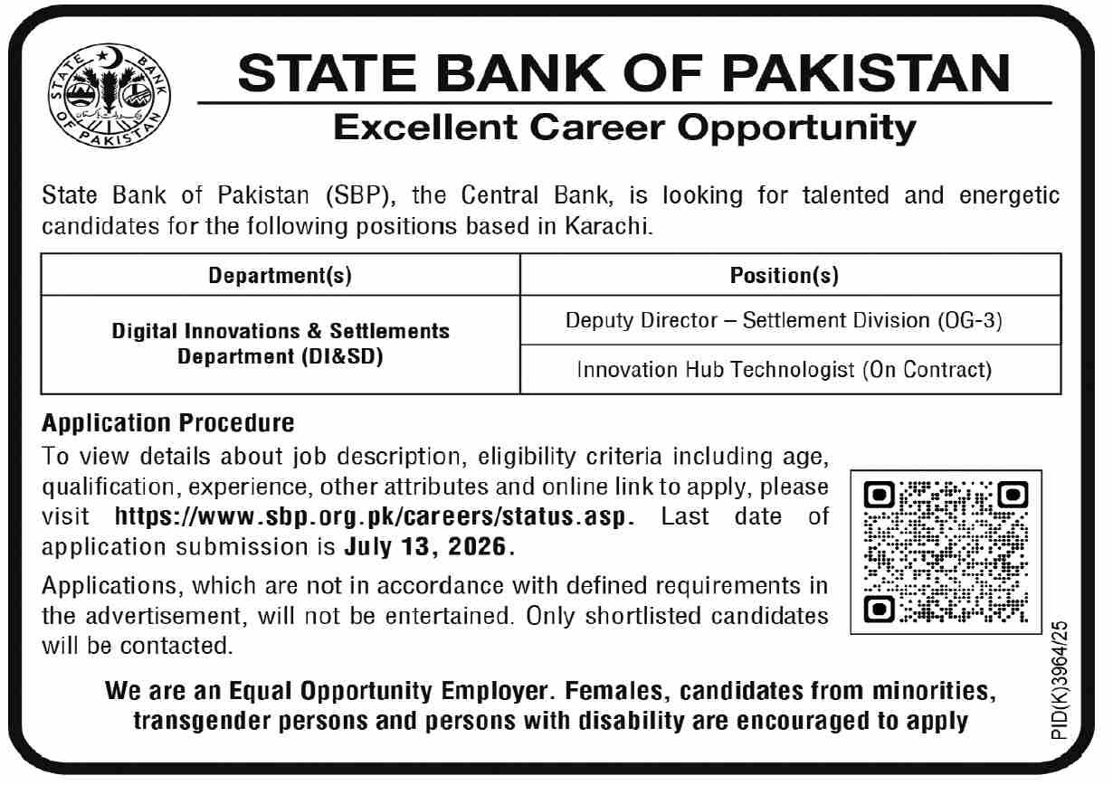 State Bank Of Pakistan SBP Karachi Sindh Jobs 2026 — original advertisement