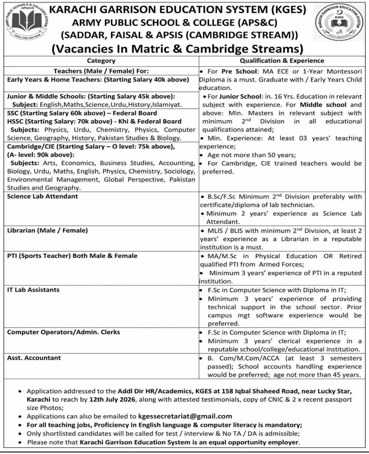 Army Public School & College APS&C Karachi Jobs 2026 — original advertisement