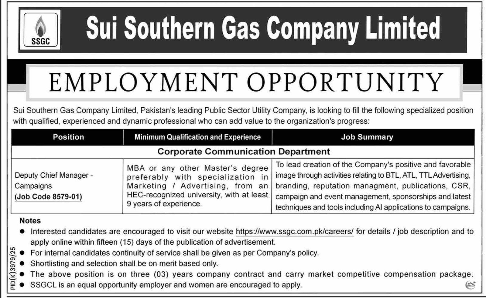 Sui Southern Gas Company Limited SSGC Jobs 2026 — original advertisement