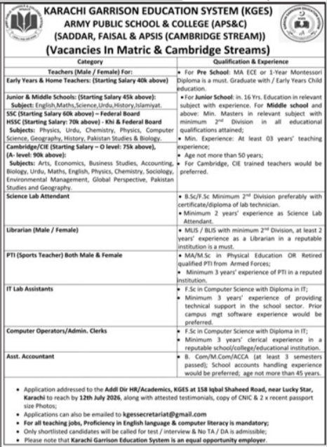 Karachi Garrison Education System KGES Jobs 2026 — original advertisement
