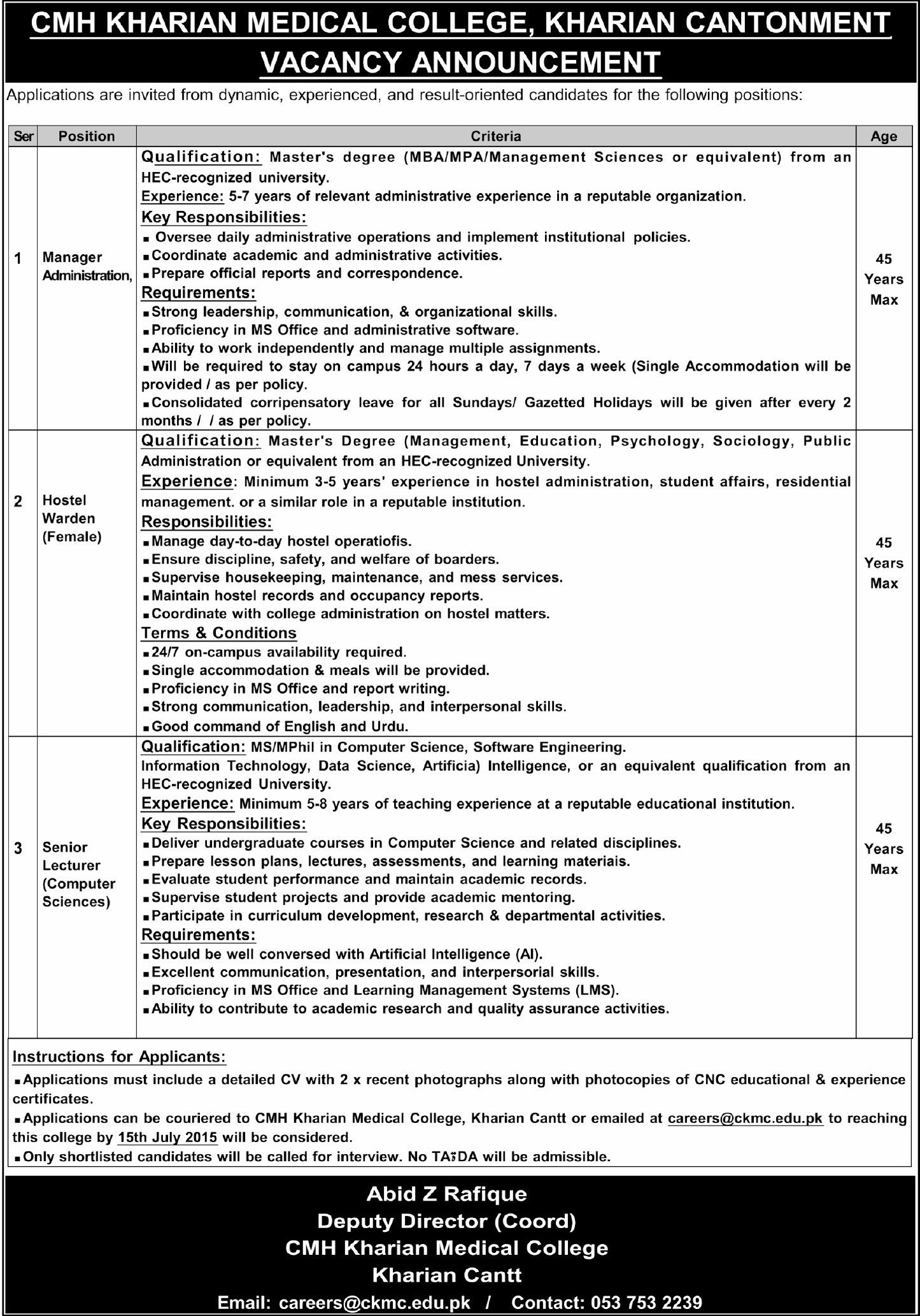 CMH Kharian Medical College CKMC Kharian Jobs 2026 — original advertisement