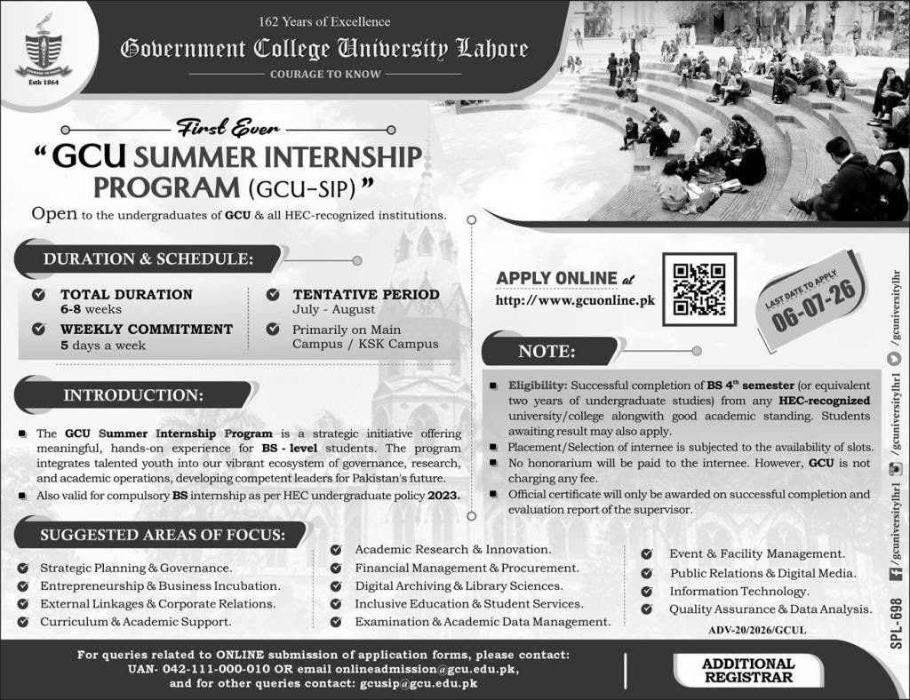 Admission Open in Government College University Lahore 2026 — original advertisement