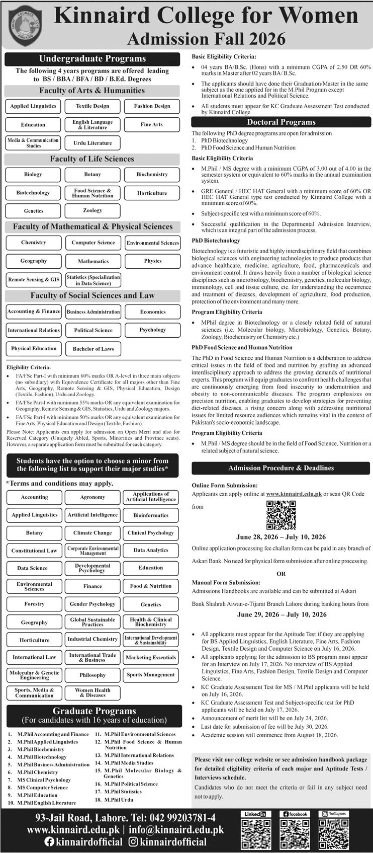 Admission Open in Kinnaird College For Women 2026 — original advertisement