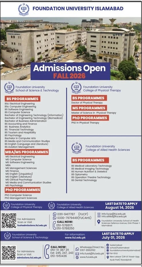 Admission Open in Foundation University Islamabad 2026 — original advertisement