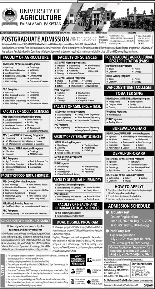Admission Open in University of Agriculture Faislabad 2026 — original advertisement