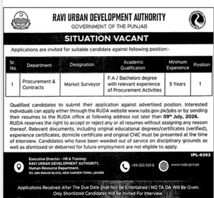 Ravi Urban Development Authority Jobs 2026 — original advertisement