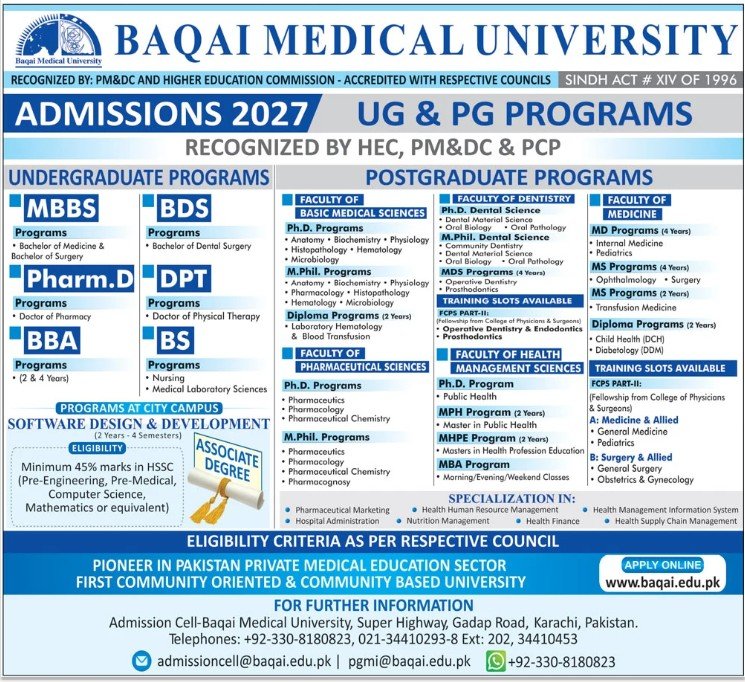 Admission Open in Baqai Medical University Karachi 2026 — original advertisement
