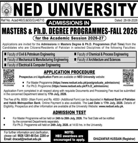 Admission Open in Ned University of Engineering And Techngy — original advertisement