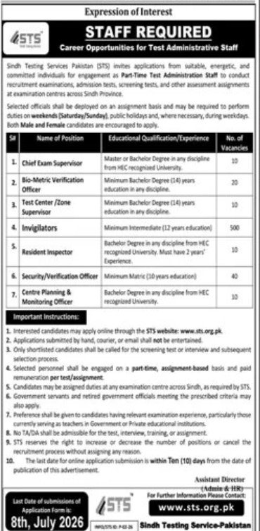 Sindh Testing Services (STS) Jobs 2026 — original advertisement