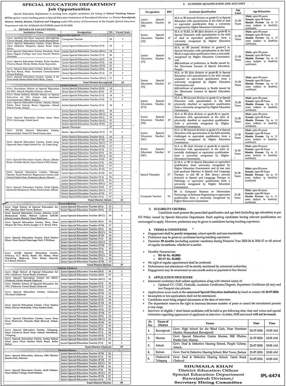 Special Education Department Rawalpindi Jobs 2026 — original advertisement