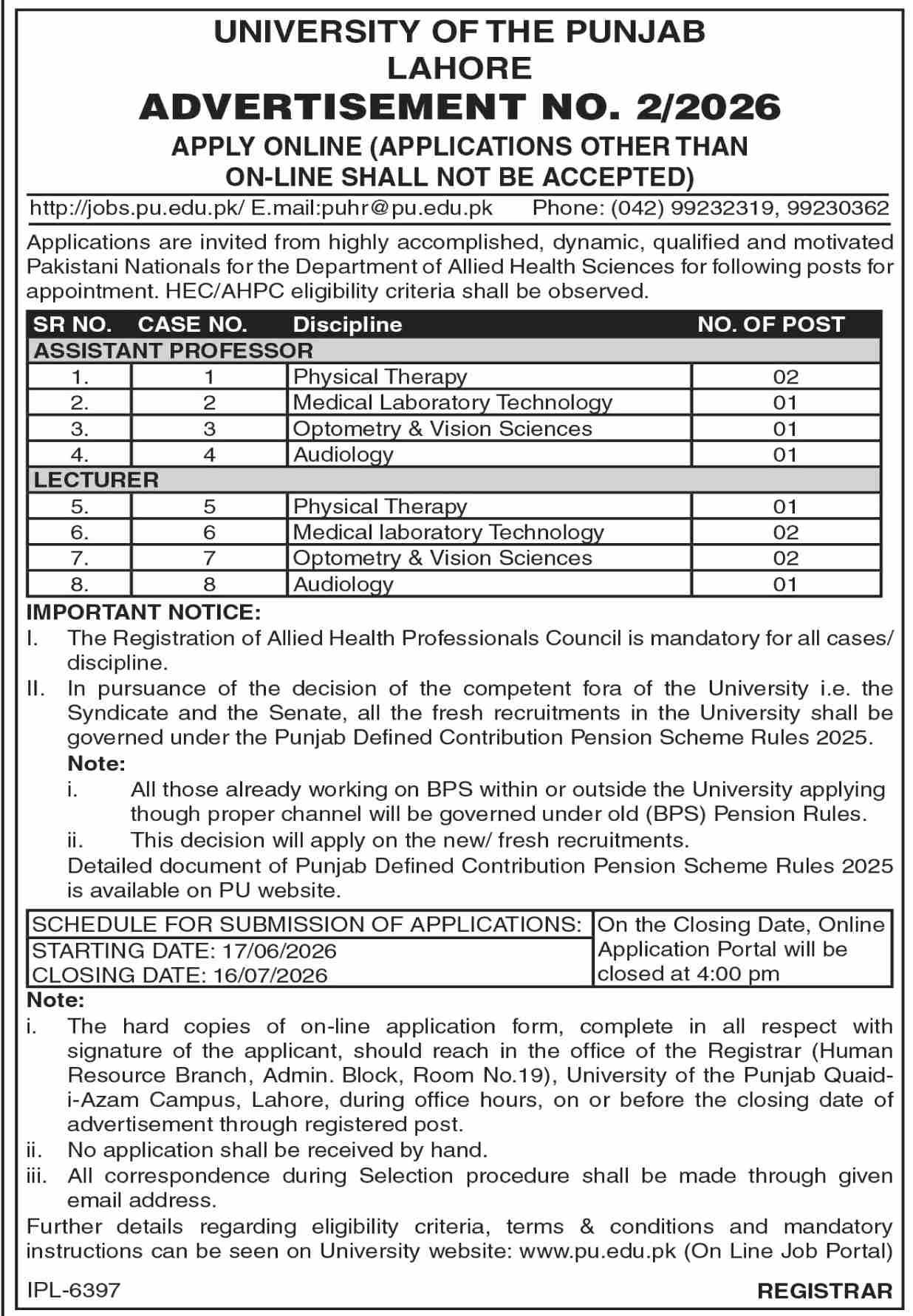 University Of The Punjab PU Job 2026 — original advertisement