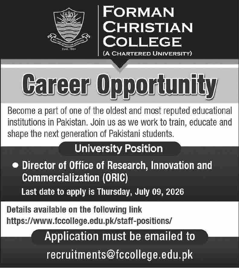 Forman Christian College FCCU Lahore Jobs 2026 — original advertisement