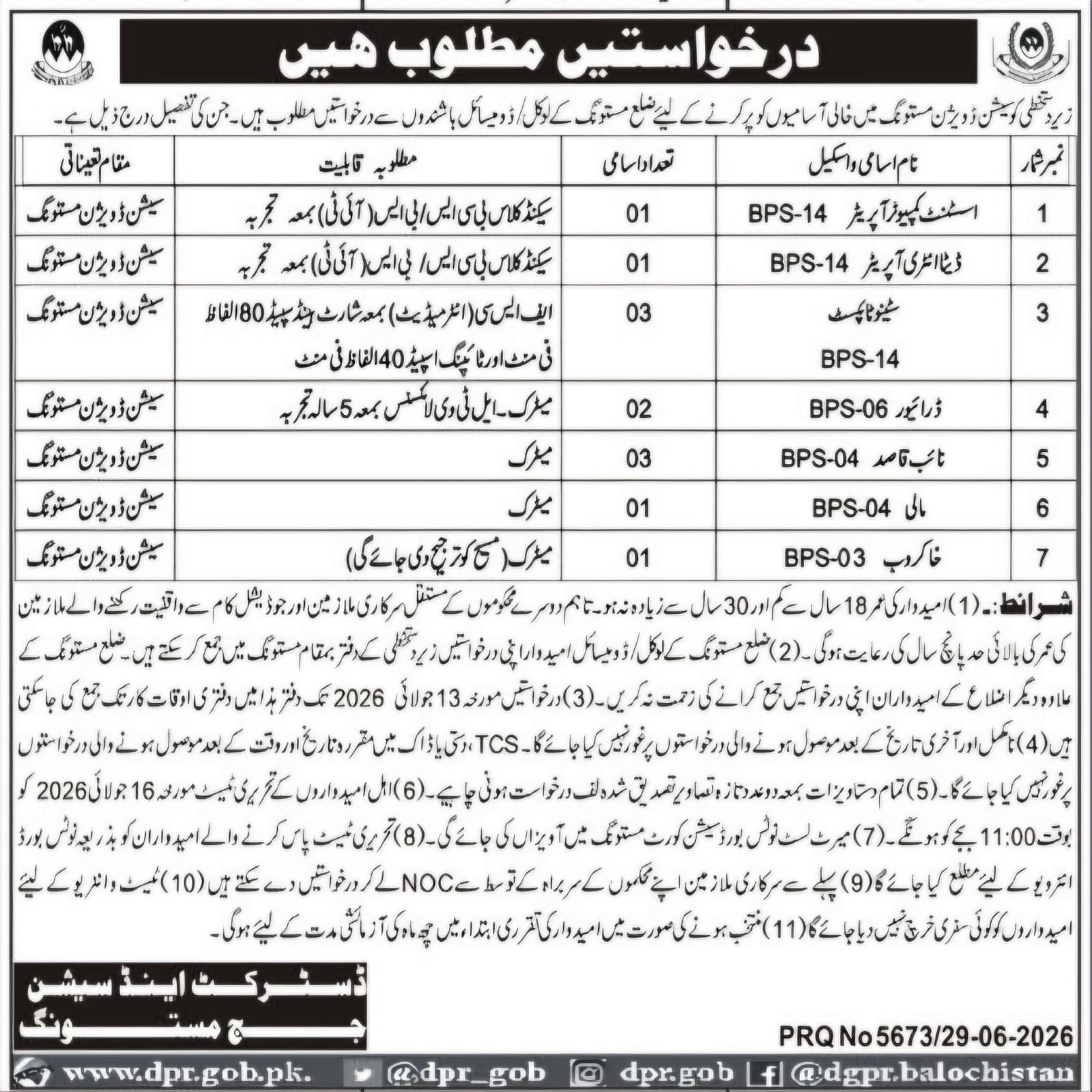 District and Sessions Judge Mastung Jobs 2026 — original advertisement