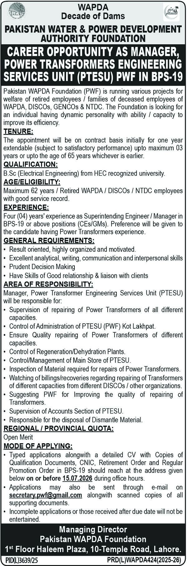 Pakistan Wapda Foundation Lahore Jobs 2026 — original advertisement