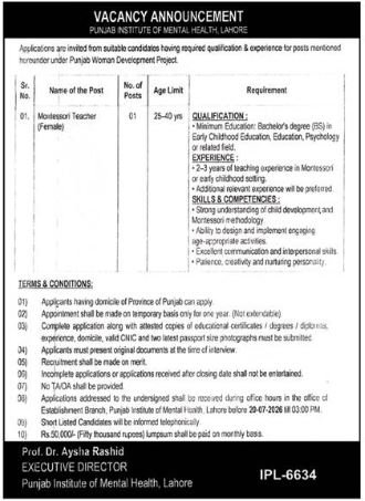 Punjab Institute Of Mental Health Lahore Job 2026 — original advertisement