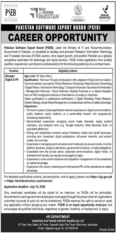 Pakistan Software Export Board PSEB Islamabad Job — original advertisement