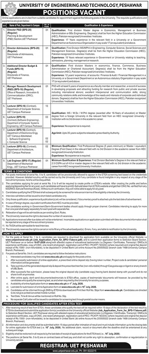 University Of Engineering And Technology UET Peshawar Jobs — original advertisement