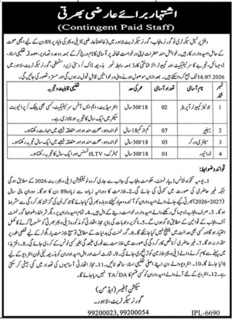 Governor Secretariat Lahore Jobs 2026 — original advertisement