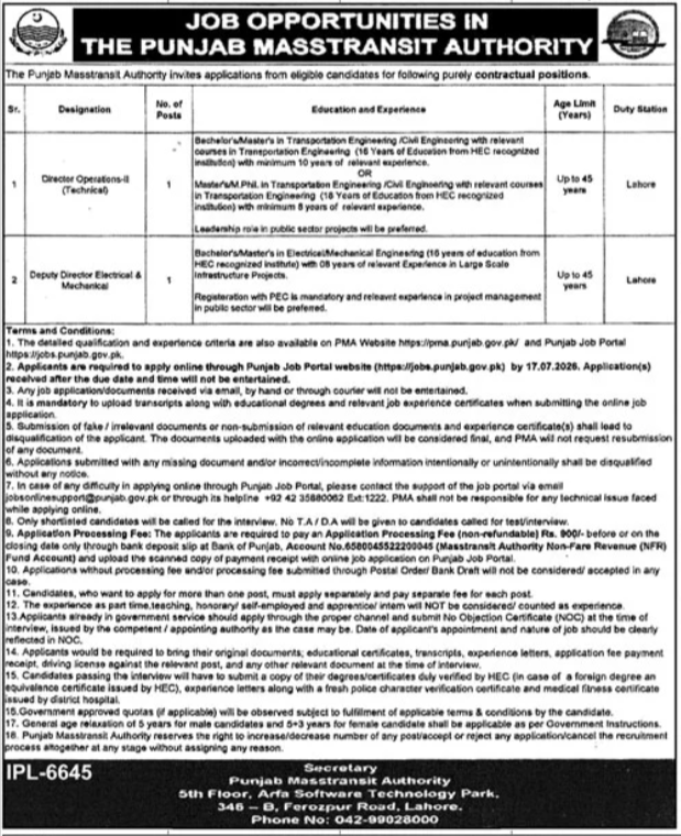 The Punjab Masstransit Authority Lahore Jobs 2026 — original advertisement