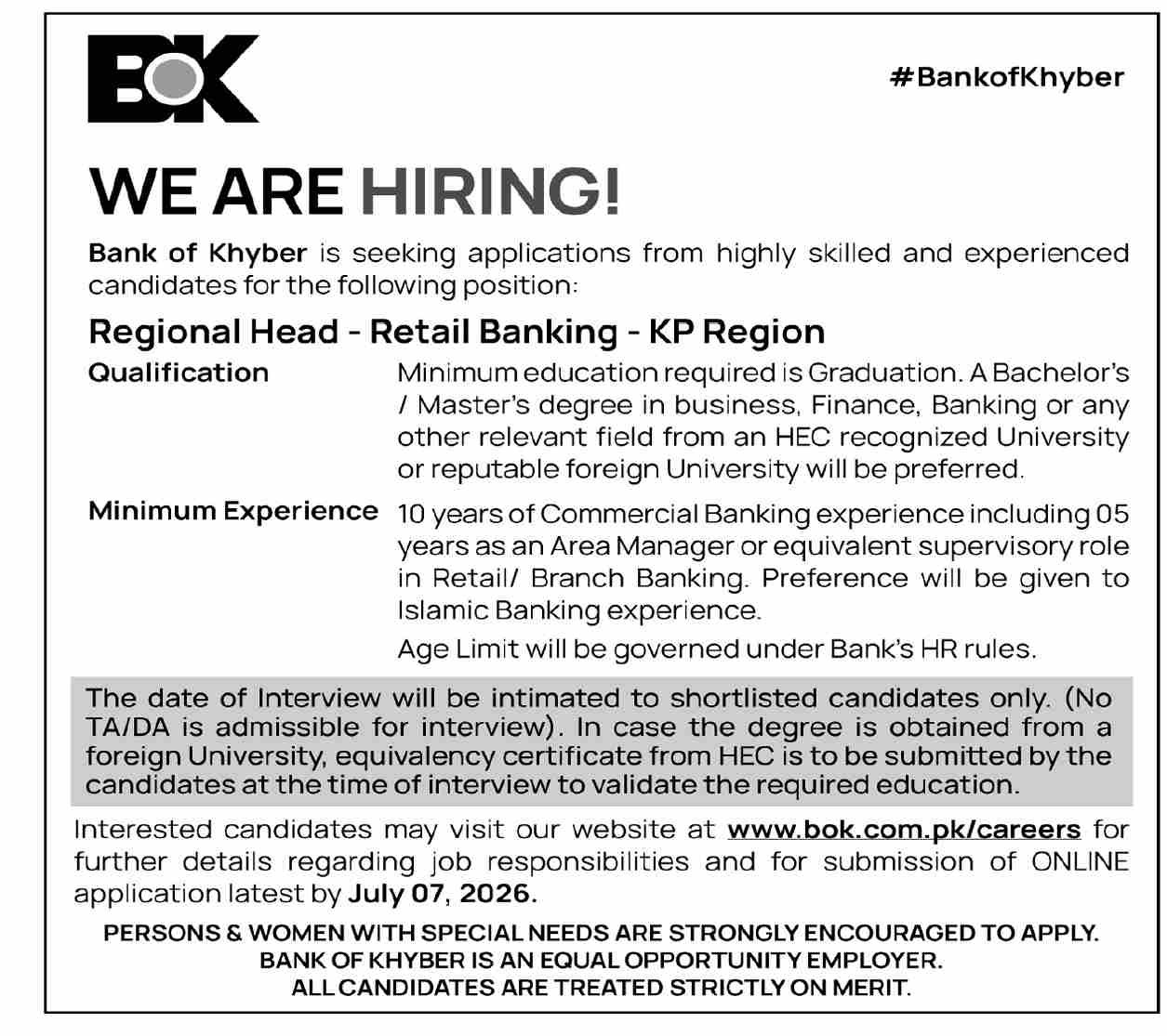 Bank Of Khyber BOK Jobs 2026 For Regional Head — original advertisement