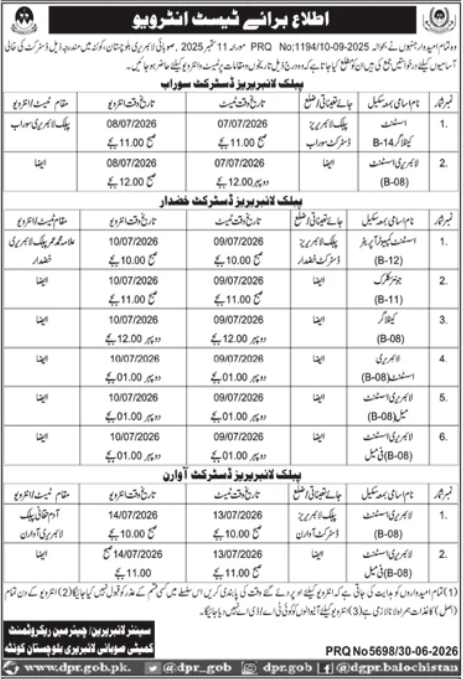 Provincial Library Balochistan Quetta Jobs Interview 2026 — original advertisement