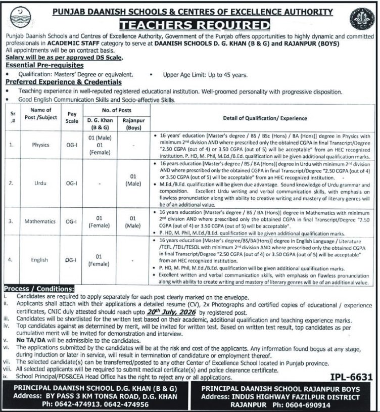 Punjab Daanish Schools Rajanpur Jobs 2026 — original advertisement