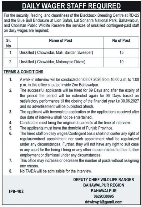 Wildlife Department Bahawalpur Jobs 2026 — original advertisement