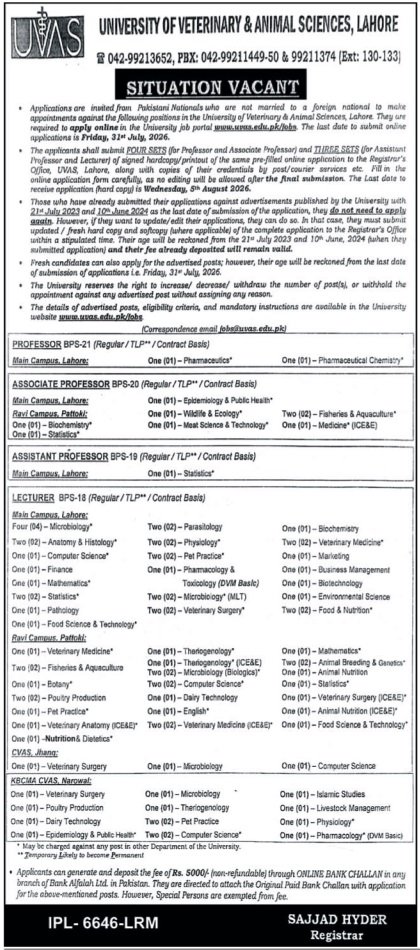 University Of Veterinary & Animal Sciences Jobs 2026 — original advertisement