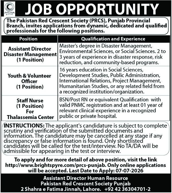 Pakistan Red Crescent Society PRCS Lahore Jobs 2026 — original advertisement