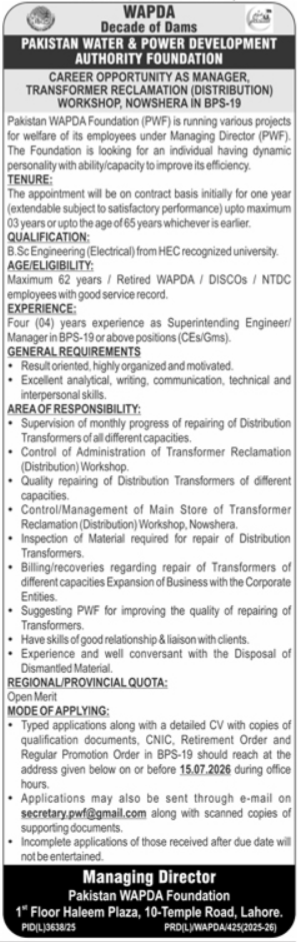 Pakistan Wapda Foundation Lahore Jobs 2026 — original advertisement