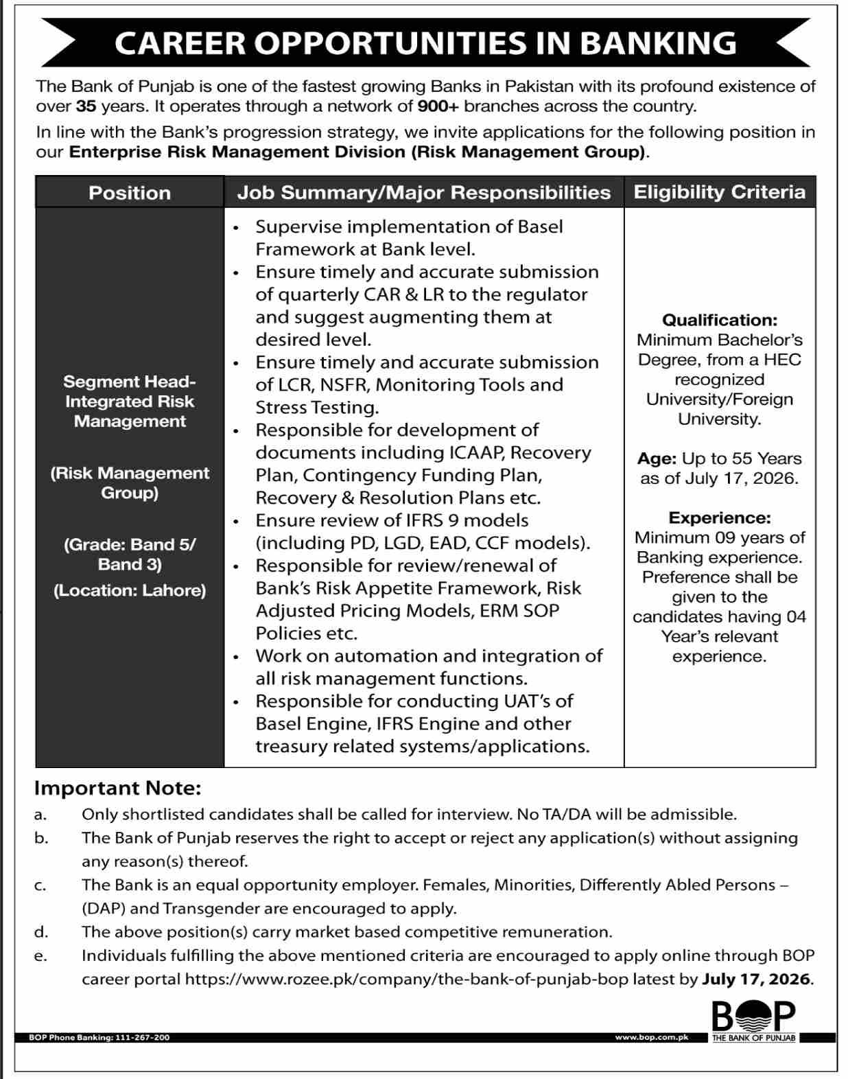 The Bank Of Punjab BOP Lahore Jobs 2026 — original advertisement