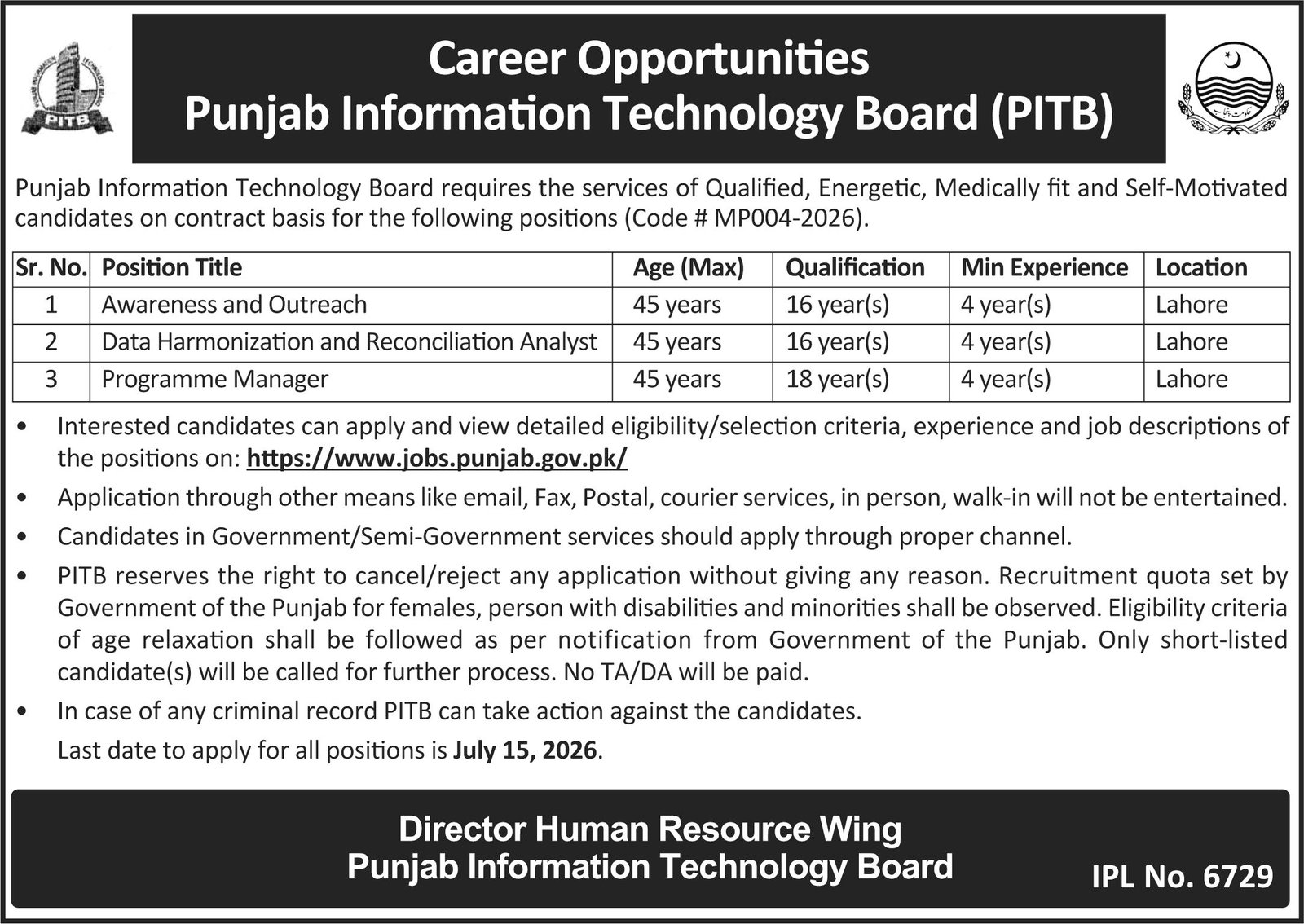 Punjab Information Technology Board PITB Lahore Jobs 2026 — original advertisement