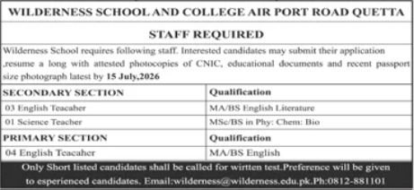 Wilderness School & College Quetta Jobs 2026 — original advertisement