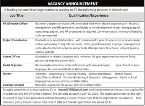 National Level Organization Quetta Jobs 2026 — original advertisement
