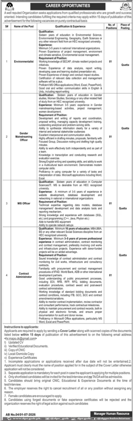 Government Organization Quetta Jobs 2026 — original advertisement