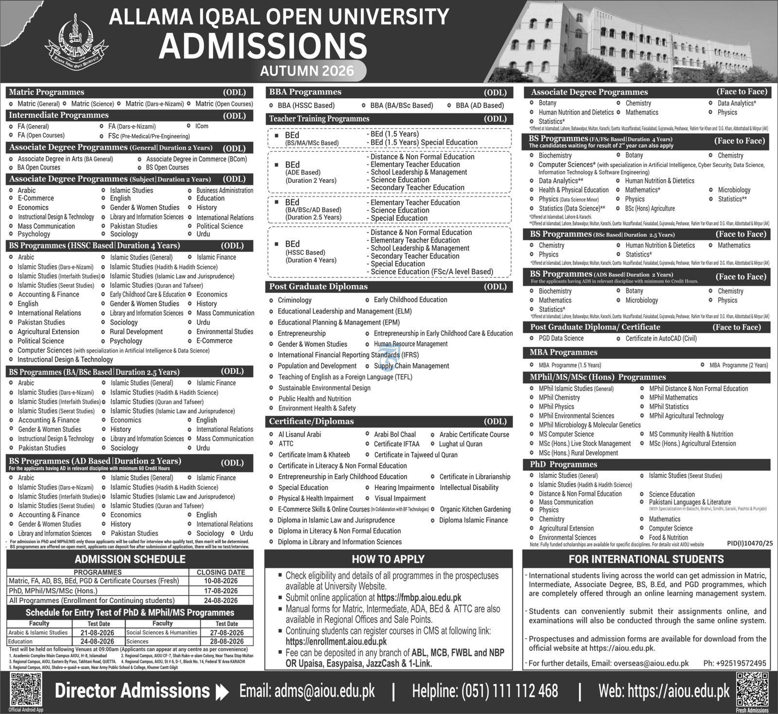 Admission Open in Allama Iqbal Open University Islamabad — original advertisement