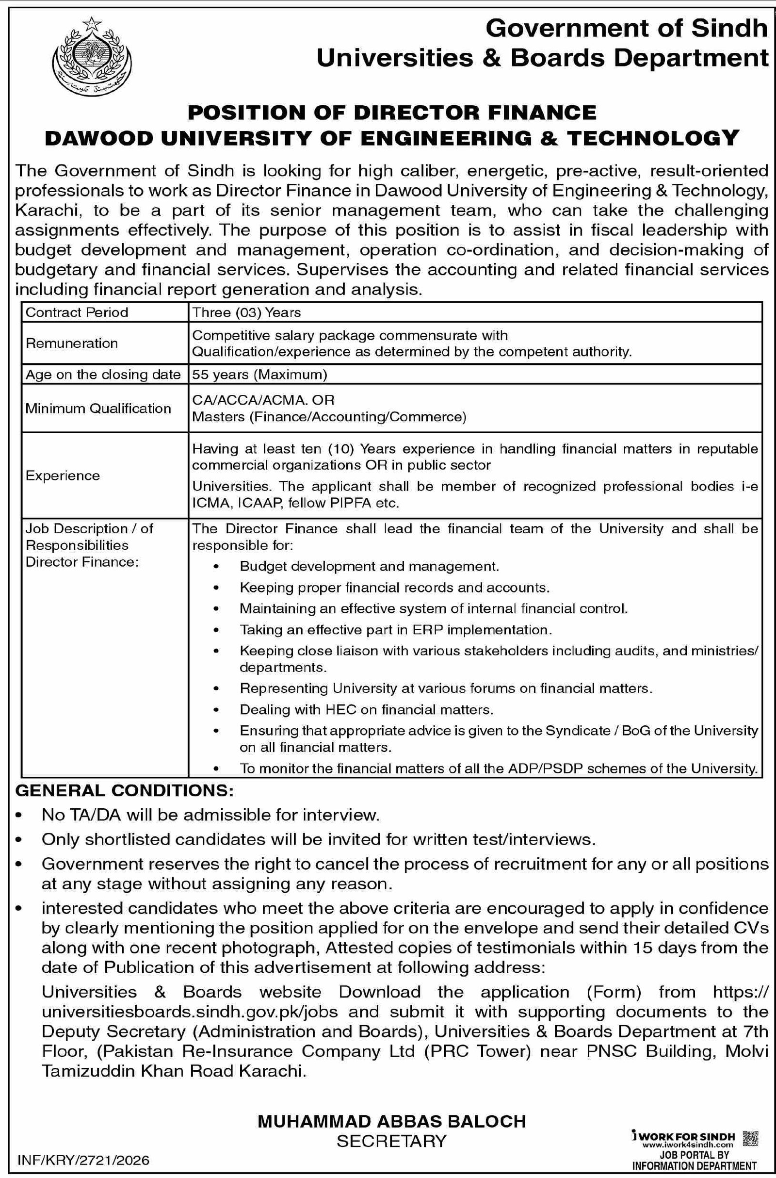 Universities & Boards Department Karachi JOB 2026 — original advertisement