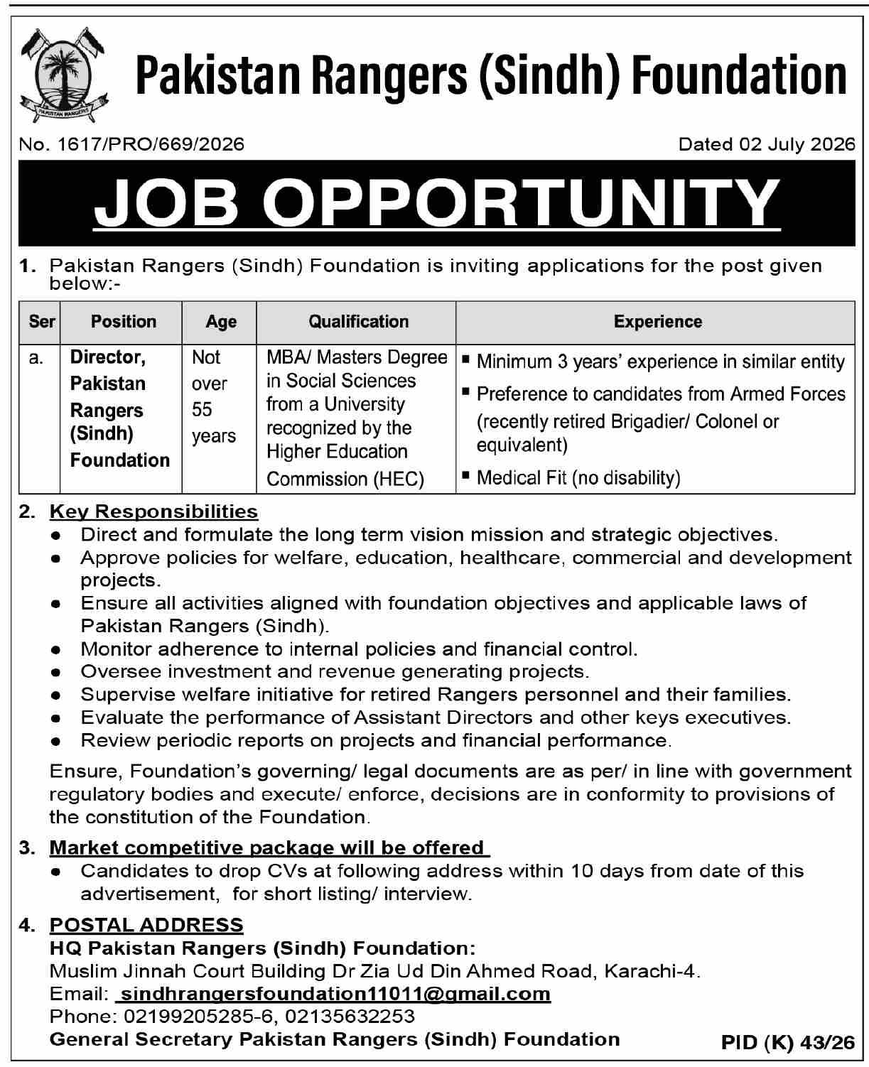 Pakistan Rangers Sindh Foundation Karachi Job 2026 — original advertisement
