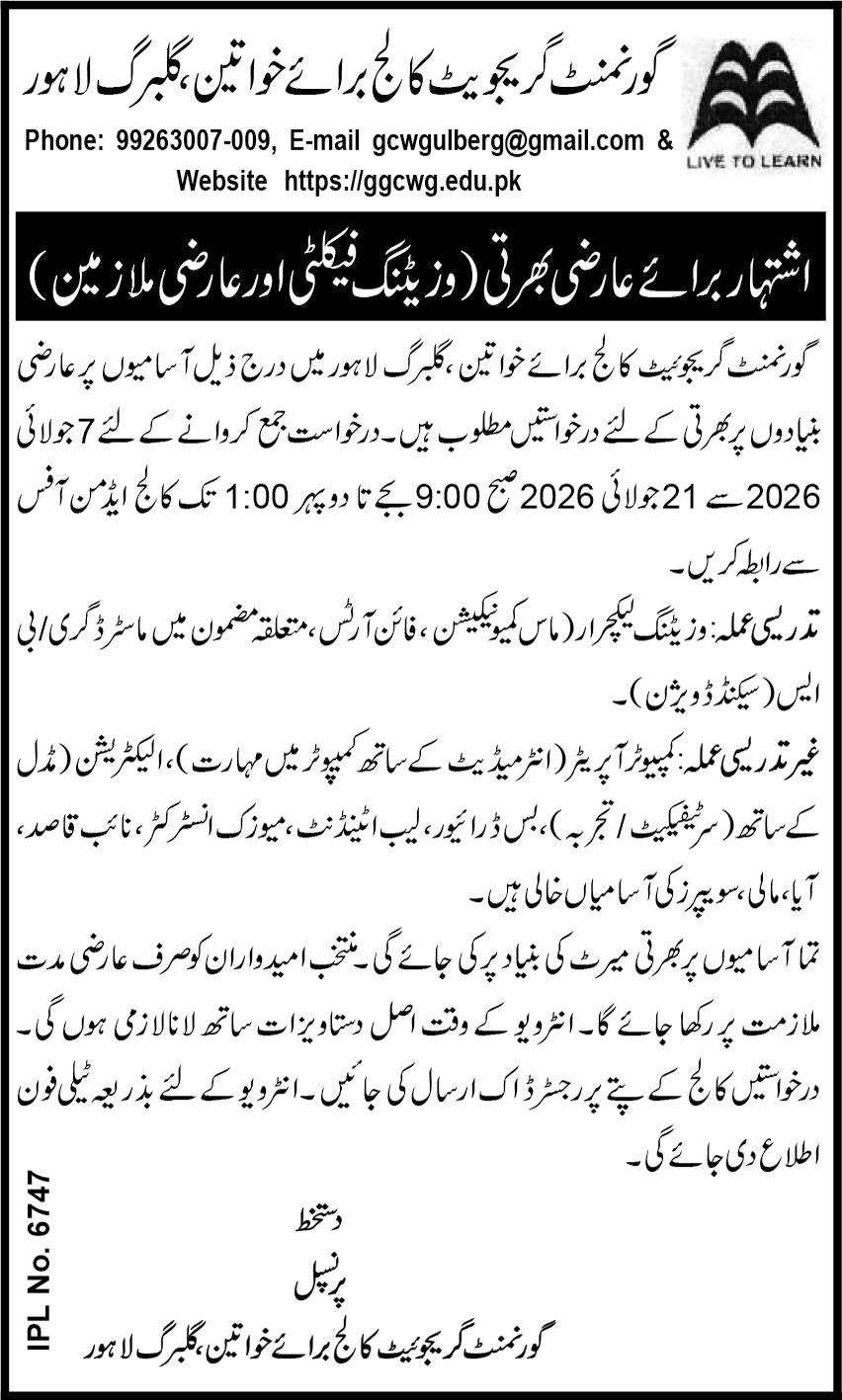 Government Graduate College For Women Lahore Jobs 2026 — original advertisement