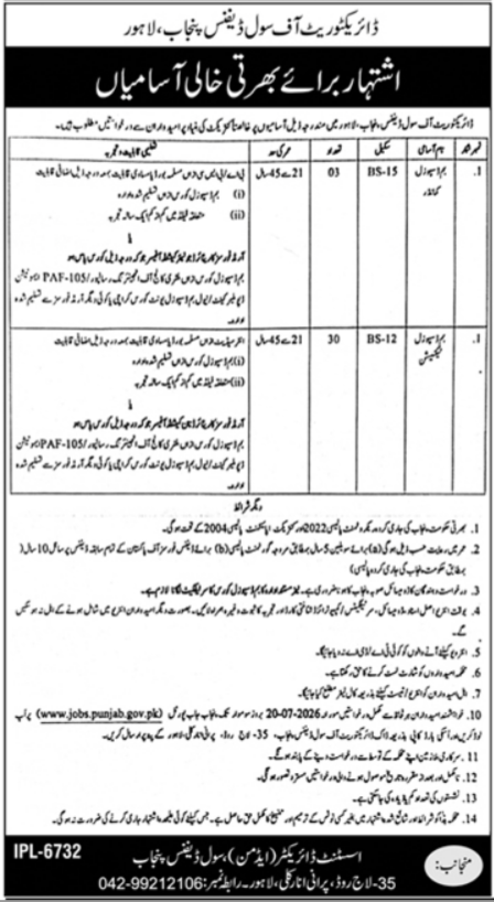 Directorate Of Civil Defence Lahore Jobs 2026 — original advertisement