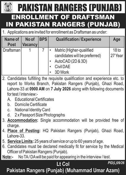 Pakistan Rangers Punjab Jobs 2026 For Draftsman — original advertisement