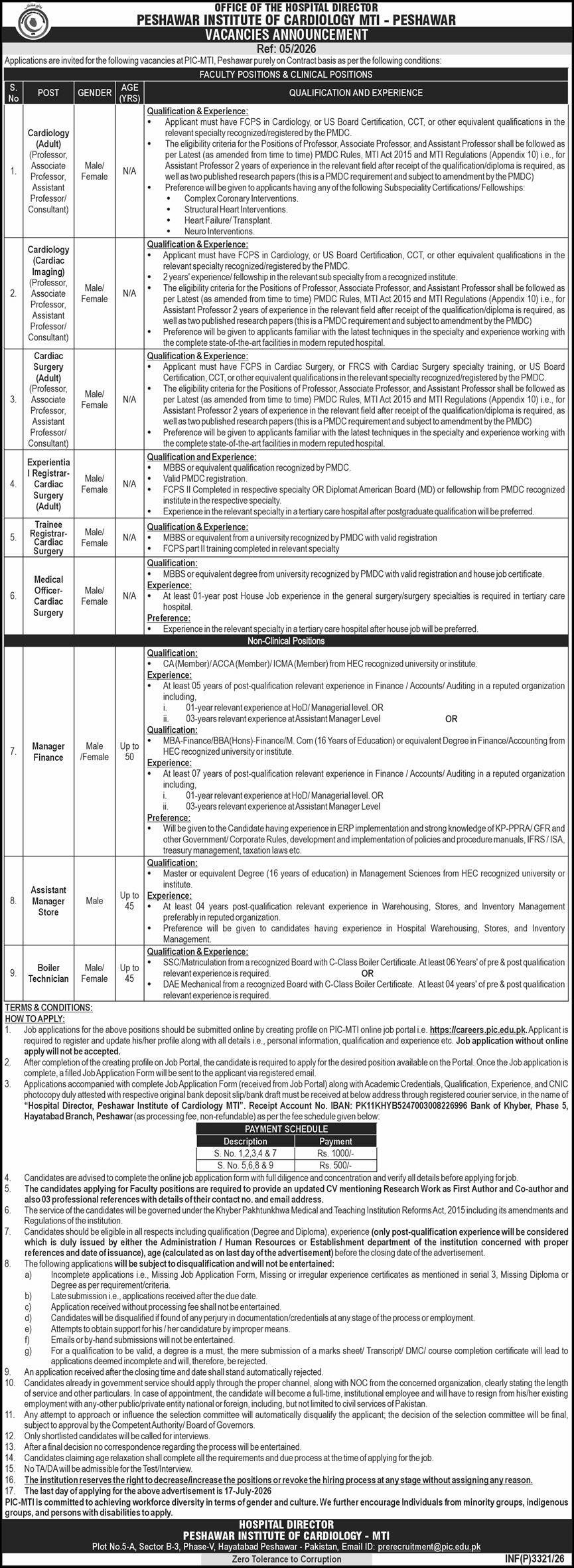 Peshawar Institute Of Cardiology PIC MTI Jobs 2026 — original advertisement