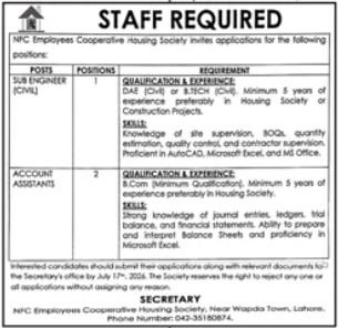 NFC Employees Cooperative Housing Society Lahore Jobs 2026 — original advertisement