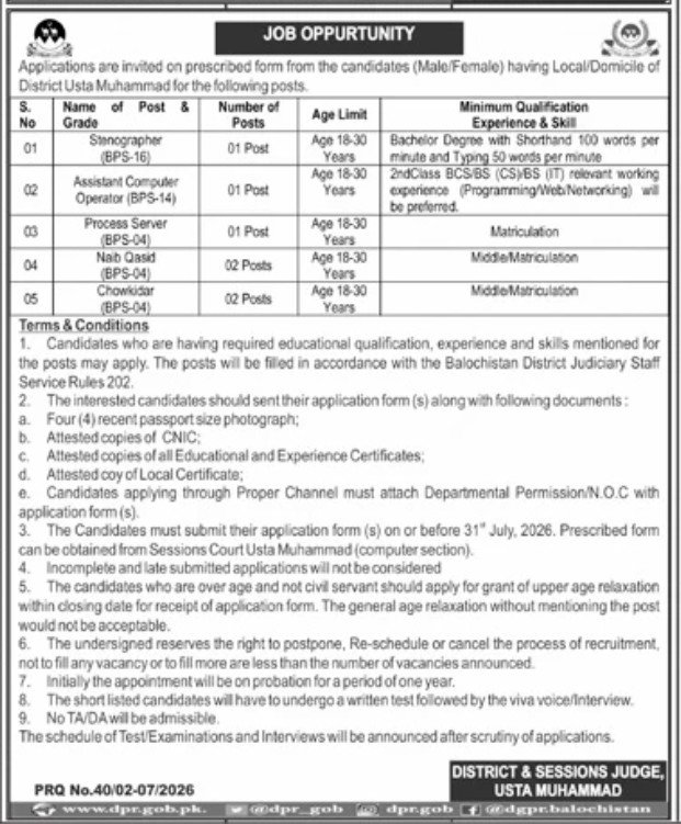 District & Sessions Judge Office Usta Muhammad Jobs 2026 — original advertisement