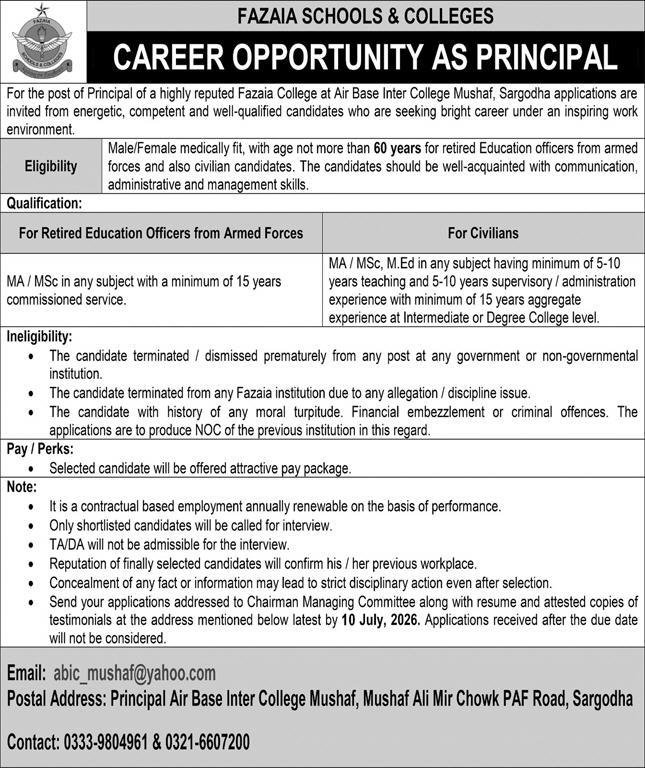Fazaia Schools and Colleges Sargodha Jobs 2026 — original advertisement